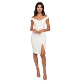 Zingj New Women's Hot Style Word-Shoulder Slit Sexy Solid Color Dress Dress