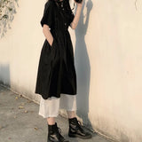 Sleeve Dress Women Summer Patchwork Fake-two Pieces Turn-down Collar Harajuku Buttons Elegant Slender Stylish Lace-up