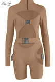 Women Bodycon Buckle Cut Out Biker Rompers Sexy Long Sleeves Hollow Out Clubwear Bodysuit One Piece Short Jumpsuit