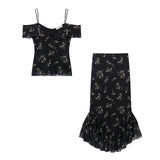 2025 New Women's Clothing Mesh Print Slings + Half-Dress Fashion Women's