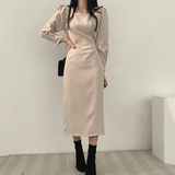 Women Chic Square Collar Dress OL Ladies Puff Long Sleeve Slim Waist Vestdios Female Lace-Up