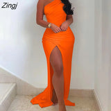 Summer Elegant Solid One Shoulder High Split Thigh Ruched Maxi Floor Dress White Sexy Corset Asymmetric Party Robes