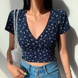French retro floral V-neck short-sleeved T-shirt Slim slimming wild high waist T-shirt women's