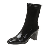 Zingj Celebrity Elastic Thin Thin Boots Female 2023 Autumn New Thick High Heel Temperament Short Boots Female White Lacquer Leather Martin Boots-Outfit