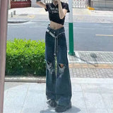 Women Streetwear Harajuku Retro Wide Leg Grunge Ripped Jeans Denim Pants High Waist Straight Baggy Trousers Alt