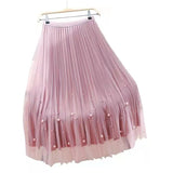 Both Sides Wear Pearls Mesh Skirt Women 2025 Summer Velvet High Waist Long Skirts Woman Solid Color A Line Pleated Skirts 211-0-Outfit