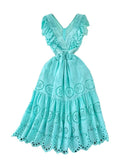 Temperament Flying Sleeve V Collar Waist Shows Thin A Word Big Pendulum Hollowed-Out Dress Seaside Holiday Long