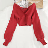 Fake Two Sweater Women Spring Autumn New V-Neck Full Sexy Knitted Sweaters Korean Short Chic Wild Fashion
