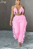Y2K Tassel Women's Two Piece Sets Summer Halter Backless Crop Top And Pants Matching Sets Solid Slim Casual