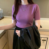Basic Short Sleeve T-shirts Women 2022 Summer Solid O-neck Thin Knitting T Shirts Woman Korean Slim Fit Ribbed
