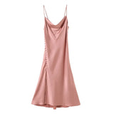 2022 Summer Vintage Women Satin Slip Dress with Slit Black Spaghetti Strap Silk Sexy Long Party