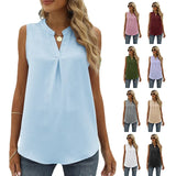 Solid Color Chiffon Leisure Shirt Loose V-neck Pullover Sleeveless Top
