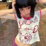 Aesthetic Kawaii Cute Cartoon Print Crop Top Contrast Color All Match Casual Women T-shirt Japanese Patchwork Fashion