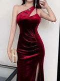 Party Bodycon Velvet Midi Dresses for Women 2023 Autumn Winter Vintage Sleeveless Robe Sexy Split Black Female