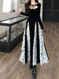 Knitted Patchwork Floral Dress Irregular Design Sense Hepburn Wind Sweet Fashion Slim Summer New Black Long