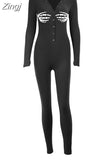 V-neck Button Sexy Rompers Woman Long Sleeve Slim Bodycon Casual Sporty Jumpsuit Autumn Letter Embroidery