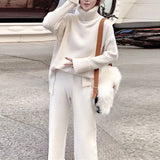 Sweater Set Women Tracksuit Spring Autumn Knitted Suits 2 Piece Set Warm Turtleneck Sweater Pullovers Wide Legs