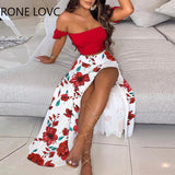 Women Sets Clothes Off Shoulder Ruffles Top & Print High Slit Skirt Set Women Sets 2 Piece