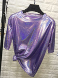 summer retro style stylish bright silk woman tops shiny loose short sleeve t-shirt sexy club aesthetic harajuku women