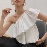 Blouses Women Solid Folds Skew Collar Crop Top Slim Thin Summer French Style Classic Gentle Design Sexy Mujer Ins