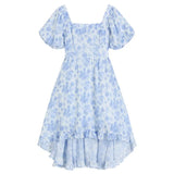 Broken Flowers Dress French Square Neck Puff Short Sleeve High Waist Casual Fashion Baggy Long Skirt Ladies