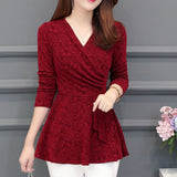 Winter New Plushed and Thickened Bottom Women top Blouse Full Sleeve lace Blouse Large V-neck Purple tops Blouses