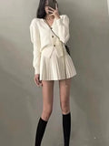 Ins Fashion Autumn Winter Women's Knitted Suits Solid Single Breasted Long Sleeve Sweater+High Waisted Mini Pleated