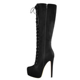 Onlymaker Women's Round Toe Stiletto Platform Zipper Knee High Boots16CM High Heel Pattern Lace Up Plus Size Boots For