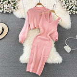 Zingj Temperament Round Neck Nail Bead High Waist Short Show Navel Sweater Two Sets Of Knit Vest Dress Female