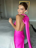 Red Satin Backless Bow Lace-up Long Dress Sexy Sleeveless Zipper Wrap Hip Bodycon Dresses 2024 Ladies Party Evening
