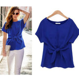 Summer Women Batwings Bowknot Blouses O-Neck Short Sleeve Shirts Casual Chiffon Slim Tops Plus Size Oversize