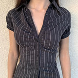 Striped Bubble Sleeve Blouse With Thin Waist And POLO Collar Button Cardigan Short Sleeved 211-0-Outfit