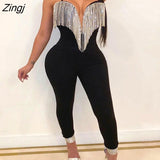 Women Sexy Solid Color Sleeveless Deep V neck Tassel Skinny Slim Jumpsuit Romper Playsuit Clubwear