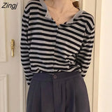 Sweaters Women Fall Trendy Basic Long Sleeve Soft Ulzzang Striped Ladies Knitwear Single Breasted Simple Woman
