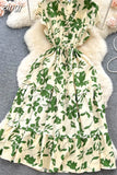 Women Floral Chiffon Midi Dress Vintage V-Neck Ruffle Hem Elegant Single Breasted Vestidos Female Vacation Beach Robe