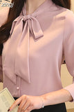 Women Blouse Spring 2023Long Sleeve Ribbon Bow Chiffon Women Shirts Korean Style Temperament Business Attire