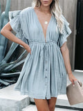 Women Beach Cover Up Dress Sexy Deep V-Neck Ruffle Short Sleeve Drawstring Dress Loose Bikini Cover Ups