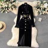 Retro Long-Sleeved Gold Velvet Dress Women's High-End Light Extravagant Suit Collar Waist Metal Button Medium