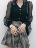 size Women's Spring Autumn Style Chiffon Blouses Shirt Women's Knitted Button Long Sleeve Solid Color Lace Patchwork
