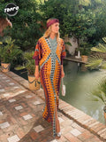 Ethnic Style V Neck Slit Maxi Dresses Women Patchwork Dot Printed Long Sleeve Loose Dress 2024 Chic Summer Street