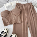 Zingj Slim Show Thin Wipe Chest Vest Top High Waist Show Thin Wide Leg Pants Casual Pants Two Pieces Of Female Summer