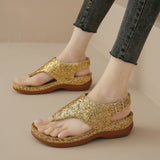 Zingj Sandals Summer New Thick Slope Heel Sandals Clasp Leisure Sequins Retro Large-Size