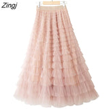 Tulle Long Skirts Womens Spring Summer Korean Style Solid High Waist A-Line Tutu Skirt Female Mesh Pleated Maxi