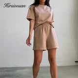 Summer Soft Cotton Sets Women Basic Casual Two Pieces T Shirts and Elastic Waist Shorts Pants Loose Solid