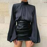 Black Lantern Sleeve Hight Neck Satin Blouse Women Slim Solid Ruched Cropped Elastic Fashion Spring Elegant Ladies