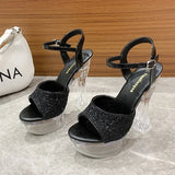 Zingj Summer Style With Flower Sequins With Ultra High Heel Transparent Bottom Crystal Thick Heel Women's Singles Shoes Sandal Wedding Bridesmaid