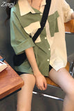 Women Shirts Short Sleeve Patchwork Pockets Summer Fresh Leisure Students Preppy-style Vintage Loose Harajuku Simple