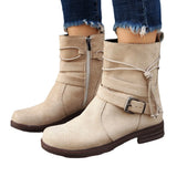 Zingj Independent Station Autumn And Winter New Round Head Side Zipper Low Heel Large Size Short Boots Flat-Soled Belt Buckle Suede Martin