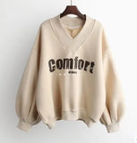 Women Hoodies V-neck Letter Printed Oversized Harajuku Korean Sweatshirts Female Long Sleeve Hooded Streetwear Casual Top