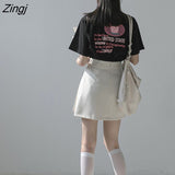 Women Summer Solid Fashion Pleated Korean Style Irregular High Waist New Slim All-match Streetwear College Female